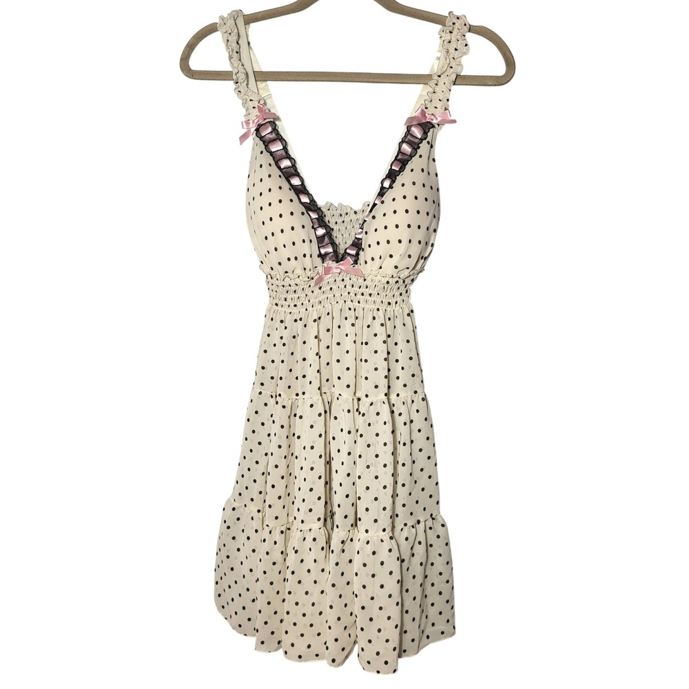 Enchanted Cream Polka Dot Babydoll Nightie Pink Bows Smocked Waist Medium Lolita